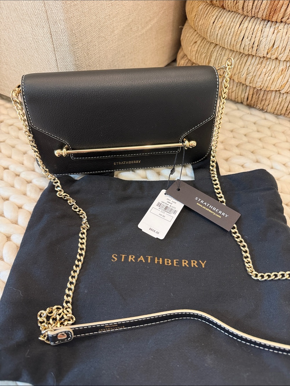 Strathberry Black Leather Crossbody with Gold Bar and Chain